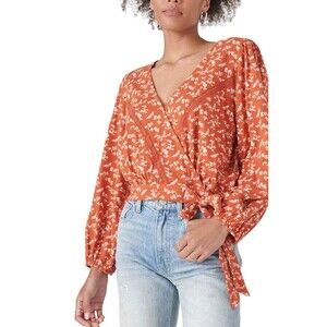 Lucky Brand Women's Orange Floral Printed Cotton Wrap Top‎ - M - Orange